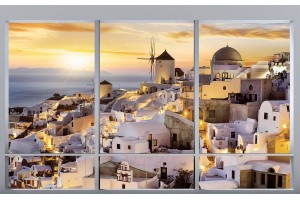 Фототапети изглед френски прозорец нощен Санторини 2