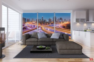 Фототапети 3d изглед прозорец атрактивен изглед светещ Шанхай 