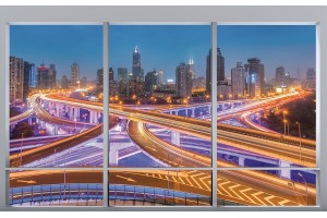 Фототапети 3d изглед прозорец атрактивен изглед светещ Шанхай 