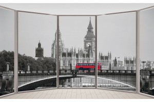Фототапети прозорец изглед на мост с червен автобус в Лондон