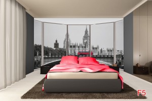 Фототапети прозорец изглед на мост с червен автобус в Лондон