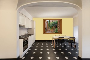 Фототапети прозорец с изглед към старинна къща с цветя - 3 цвята