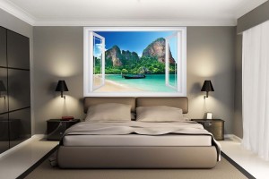 Фототапети тропически бряг със скали и лодка прозорец - 3 цвята