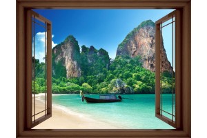 Фототапети тропически бряг със скали и лодка прозорец - 3 цвята