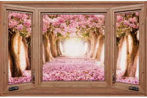 Фототапети дървен прозорец с изглед розови дървета