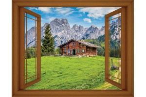 Фототапет изглед планинска хижа прозорец - 3 цвята