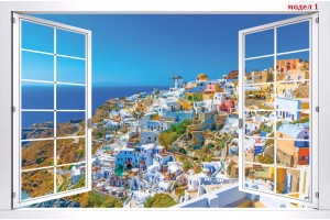 Фототапети бял прозорец с морски пейзаж от Санторини 3 модела