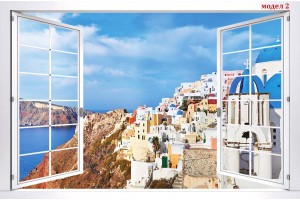 Фототапети бял прозорец с морски пейзаж от Санторини 3 модела