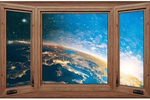 Фототапети имитация на дървен прозорец с гледка космос 2 модела