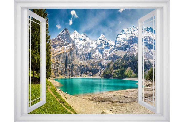 Фототапет прозорец гледка с планина и езеро в 3 цвята дограма Фототапет прозорец гледка с планина и езеро в 3 цвята дограма