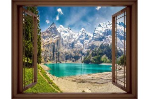 Фототапет прозорец гледка с планина и езеро в 3 цвята дограма Фототапет прозорец гледка с планина и езеро в 3 цвята дограма