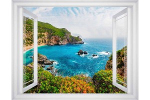 Фототапет красива гледка през прозорец морски залив в 3 цв. дограма 