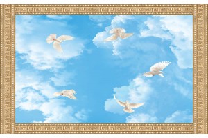 Фототапет орнамент за таван с небе и гълъби 