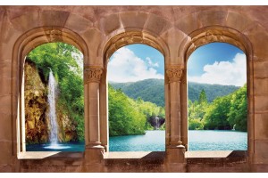Фототапет изглед през старинни колони с водопад