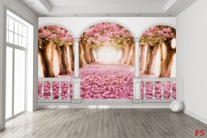 Фототапет тераса изглед розови дървета