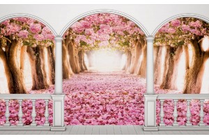 Фототапет тераса изглед розови дървета