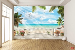 Фототапети 3d морски изглед с палми овален парапет 2