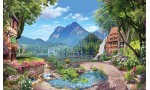Фототапет уникален 3д ефект пейзаж с езеро и вили с градина