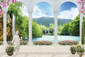 Фототапети 3д водопад изглед през колони със статуи и цветя