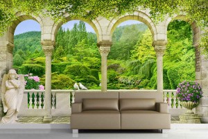 Фототапет 3D пейзаж тераса с гълъби в красив парк