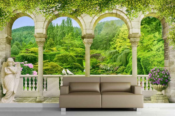 Фототапет 3D пейзаж тераса с гълъби в красив парк