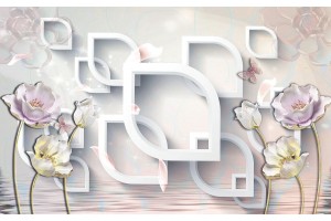 Фототапети 3D пастелни цветя в геометрична стена в цвята