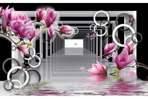 Фототапет черно бял тунел с магнолии и 3д ефект сфери 