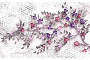 Фототапет цветна клонка с малки цветя с 3д ефект на сива основа 