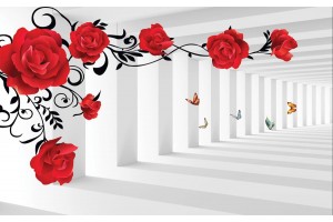 Фототапети 3d модел тунел червени рози с и без пеперуди