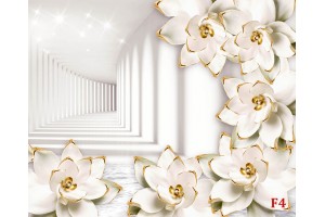 Фототапет тунел с бели 3д порцеланови цветя 
