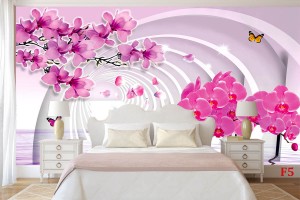 Фототапети 3D тунел с розови орхидеи и клонка магнолия