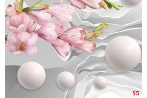 Фототапет абстракт рисувано цвете 3д ефект стена със сфери в 2 цвята