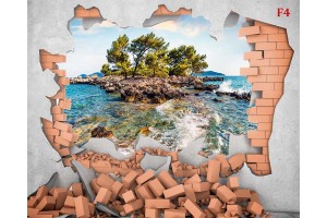  Фототапет стена разбити тухли с пейзаж на самотен остров