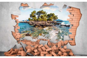  Фототапет стена разбити тухли с пейзаж на самотен остров
