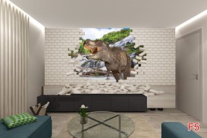 Фототапети 3D ефект тухлена стена и динозавър