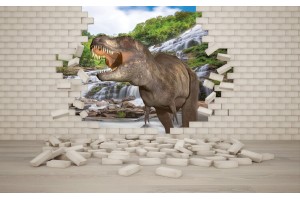 Фототапети 3D ефект тухлена стена и динозавър