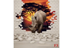Фототапети 3D ефект тухлена стена и носорог
