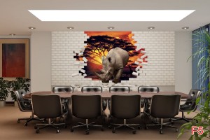 Фототапети 3D ефект тухлена стена и носорог