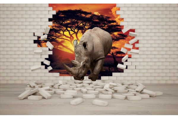 Фототапети 3D ефект тухлена стена и носорог
