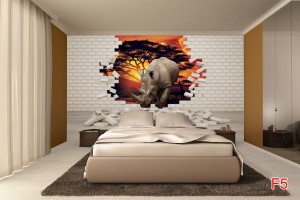 Фототапети 3D ефект тухлена стена и носорог