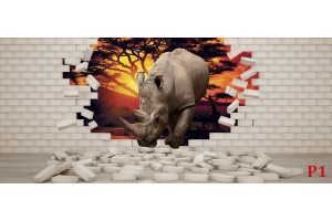 Фототапети 3D ефект тухлена стена и носорог