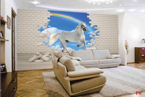 Фототапети 3D ефект тухлена стена и бял кон