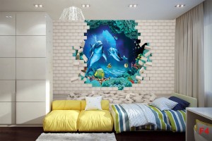 Фототапети 3D тухлена стена-аквариум с делфини и риби
