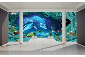 Фототапети 3D стая стена с делфини и морско дъно