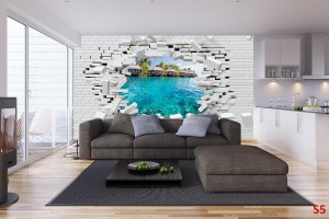 Фототапети 3d разбита тухлена стена изглед от Бора Бора 