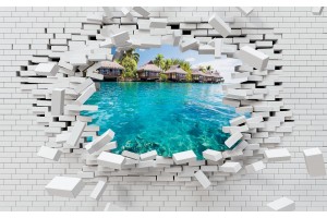 Фототапети 3d разбита тухлена стена изглед от Бора Бора 