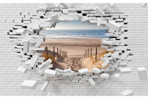 Фототапети 3d разбита тухлена стена изглед с пътека морски плаж