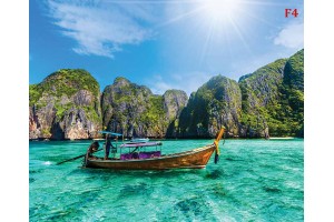 Фототапети морски пейзаж с тайландска лодка и скали