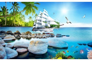 Фототапет каменен морски бряг с бял ветроходен кораб
