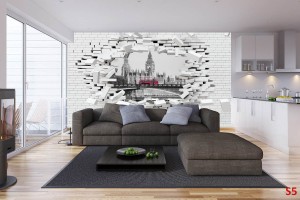 Фототапети 3d разбита тухлена стена изглед от Лондон